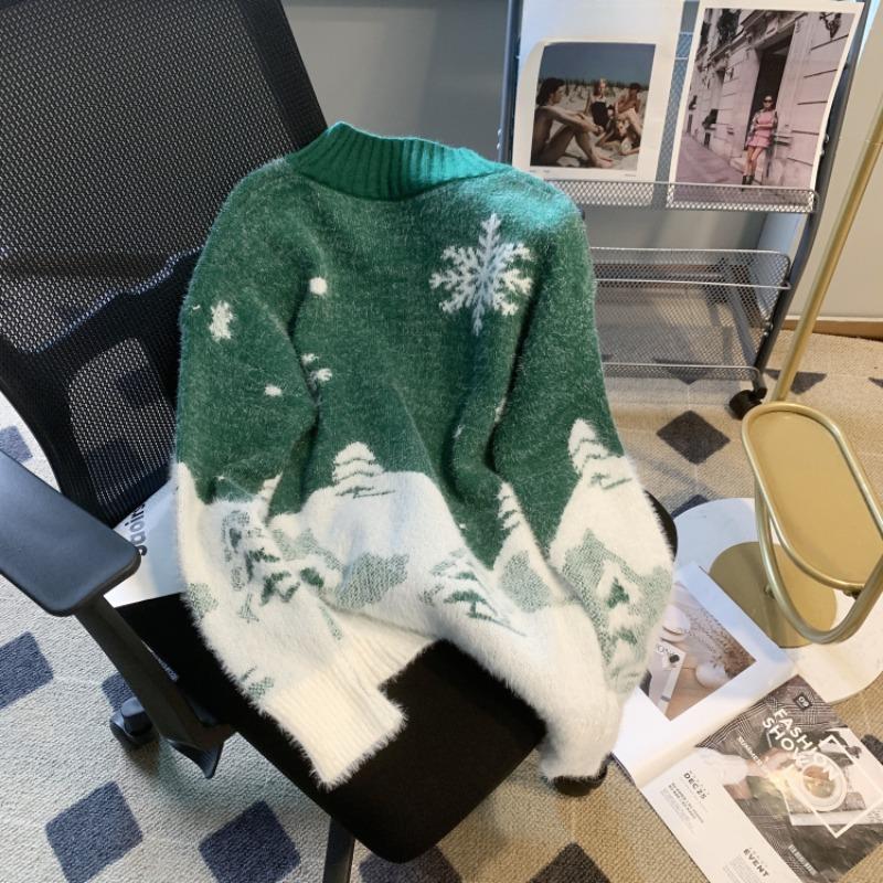 Winter New Cute Print Loose Christmas Pullovers Sweater Women Tops O Neck Long Sleeve Vintage Knitted Sweater Woman Casual Fashion Lady Jumpers 25513