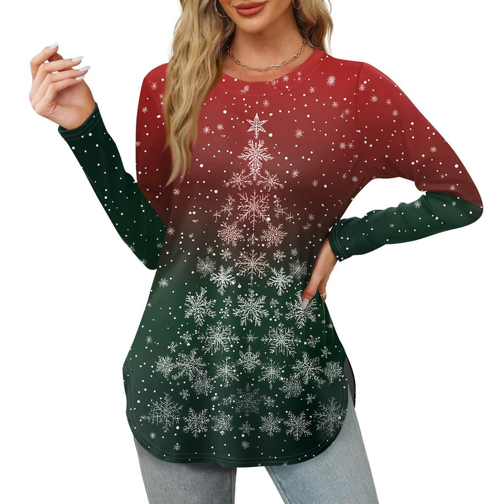 Womens Long Sleeve Round Neck Shirts Side Split Basic Loose Tunic Tops Christmas Print  Casual Shirts