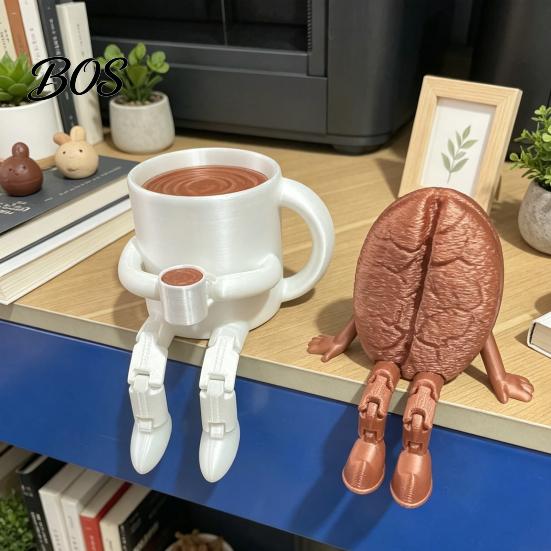 Cafe Decoration Ornament 3D Printed Articulated Coffee Cup Figure, Movable Joint Desk Statue, Cute White And Brown Statue Bean Ornament, Creative