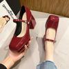 Fashion Platform Pumps Women's 2025 Square Toe Thick Heels Mary Janes Women's Patent High Heels Party Shoes Square Toe Square Heel