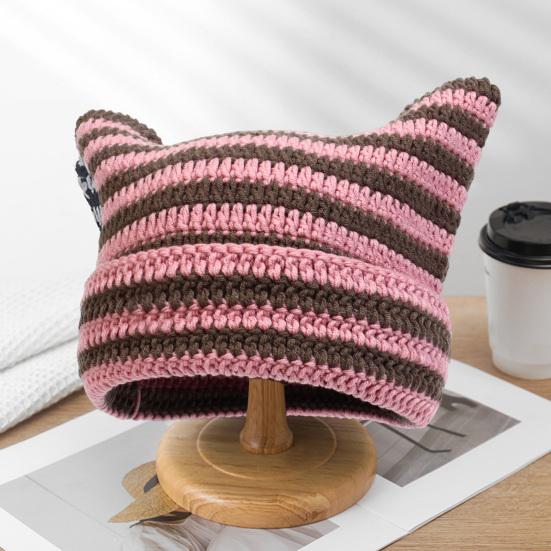 Autumn Winter Outdoor Warm Knitting Caps Cute Striped Cat Ear Hat No Brim Thickened Stretchy Yarn Knitted Beanie Hat