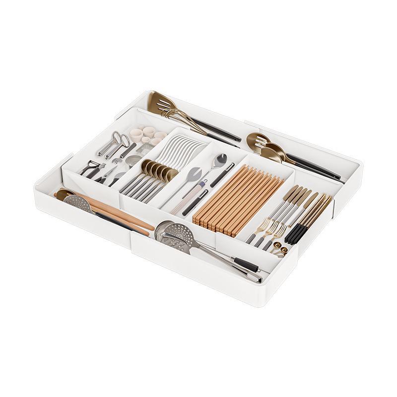Коробка-органайзер для кухонного ящика: Встроенные разделители для столовых приборов, палочек для еды, ложек, пищевой пленки и выдвижные элементы