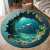 3D Underwater World Round Area Rug – Shark & Fish Illusion Floor Mat – Non-Slip Ocean Carpet for Kids' Room, Living Room Decor