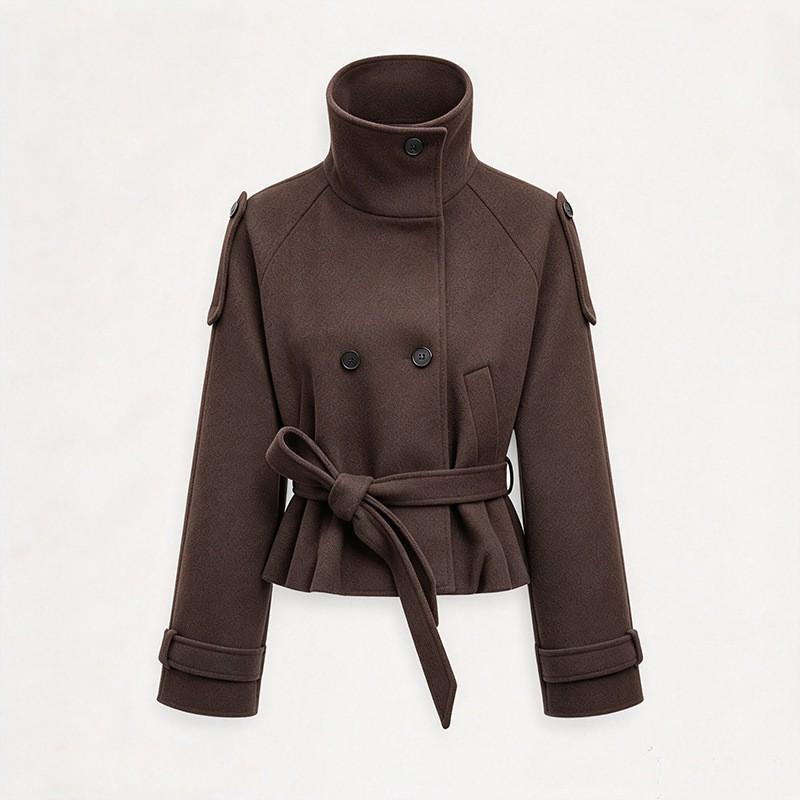 Womens Wool Blend Coat Casual Double Breasted Tie Front Jacket Outerwear