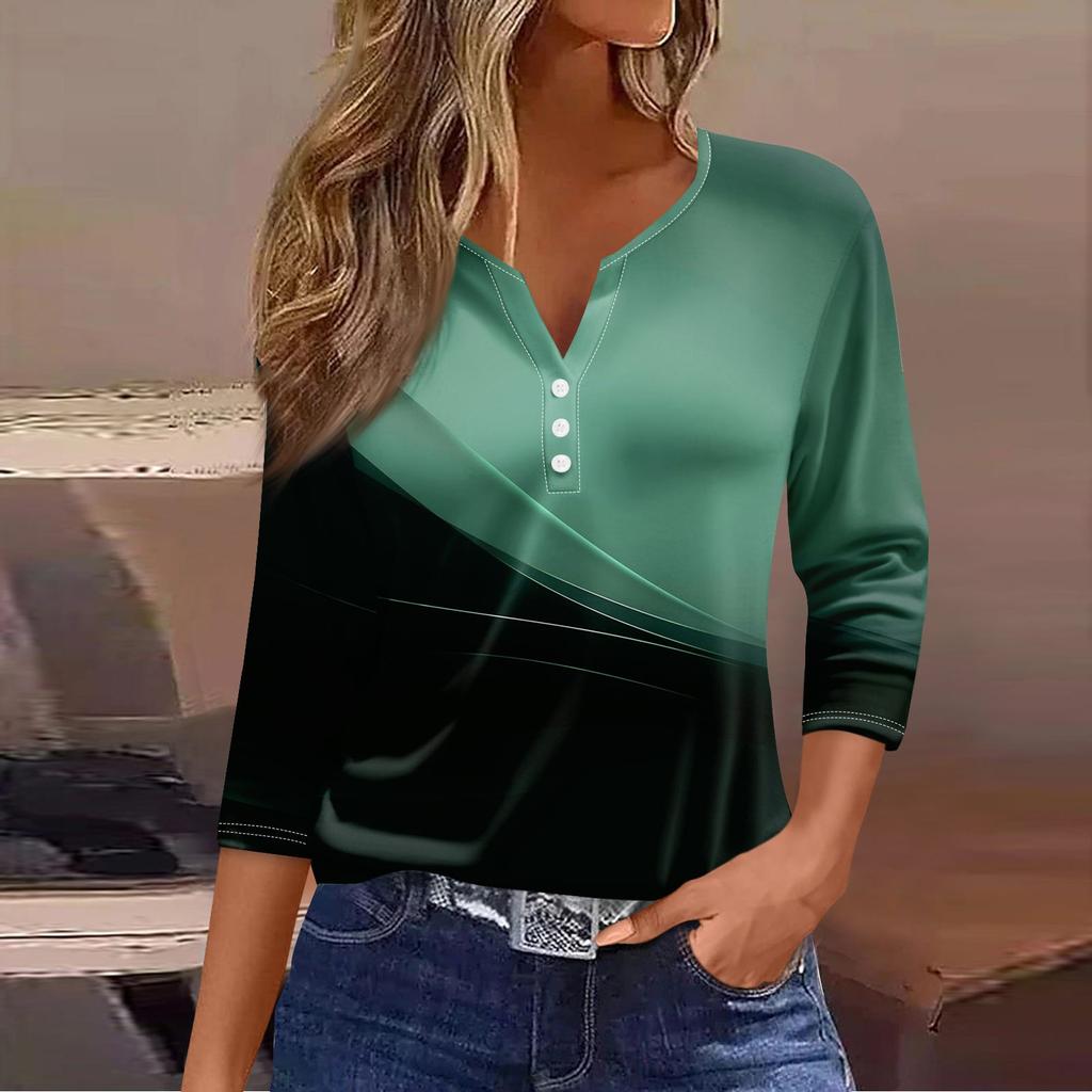 Жен. Футболка Футболка С принтом Пуговицы Рукав 3/4 Повседневные Выходные Мода Классический V-образный вырез Обычный Топ