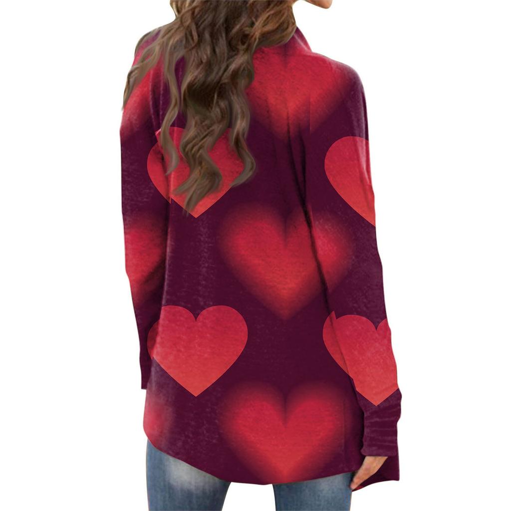 Женский повседневный кардиган с длинными рукавами и принтом ко Дню святого Валентина без карманов, верхнее пальто