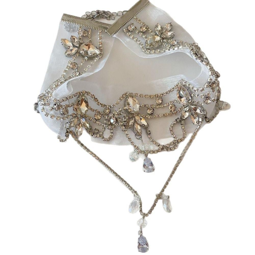 Chiffon Choker Necklace Rhinestone Teardrop Pendant Gifts Collar Necklace  Party Outfit
