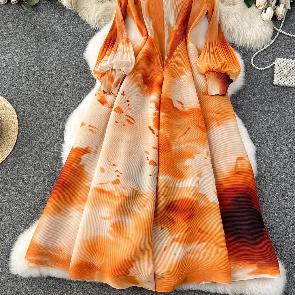 French Senior Temperament Luxury Dress Ladies 2024 Newest O-Neck Ruched Print Tie Dye Design Fashion Chic Long Dress