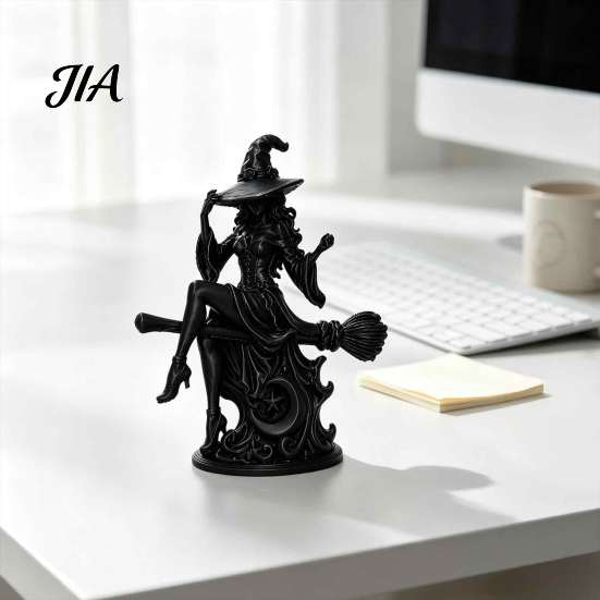 Unique Witch Gift for Her Gothic on Broom Statue, 3D Printed Spooky Tabletop Figurine Home Office Ornament Party, Black Halloween Desk Decor