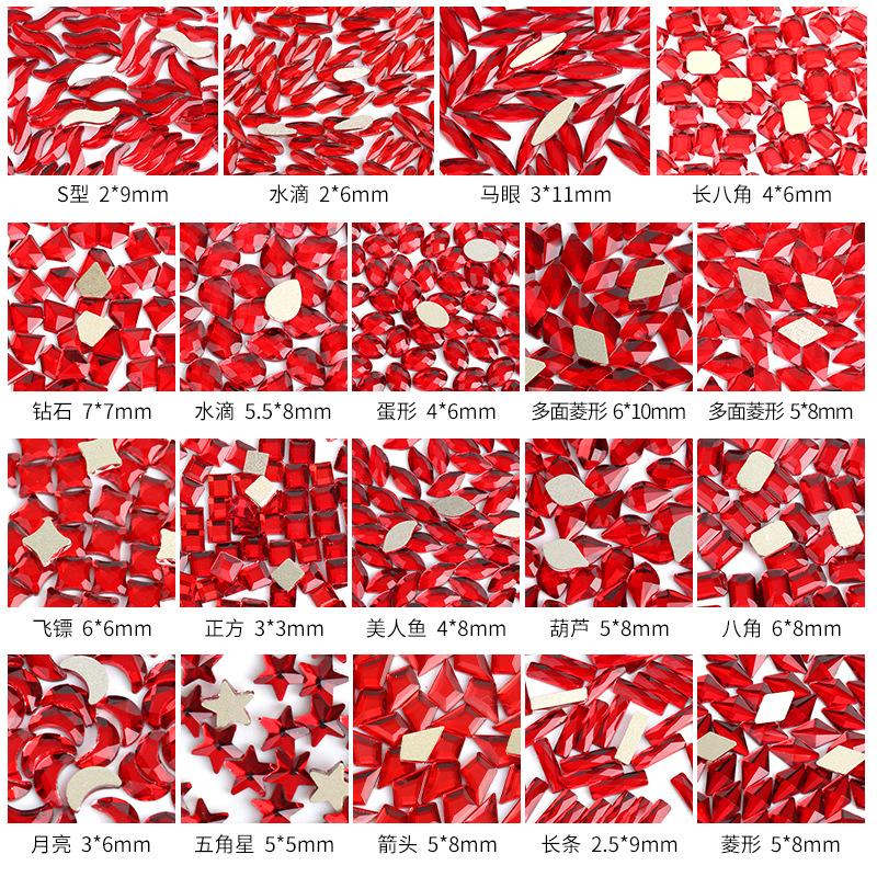 Red Nail Art Jewelry Drill Flat Bottom Special-Shaped Drill Water Drop Horse Eye New Year'S Red Nail Glass Sticker Drill