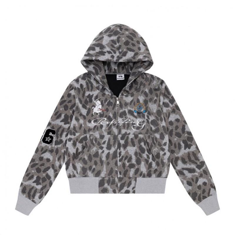 Vintage Leopard Print Hooded Sweatshirt Loose Cropped Cardigan Women Streetwear
