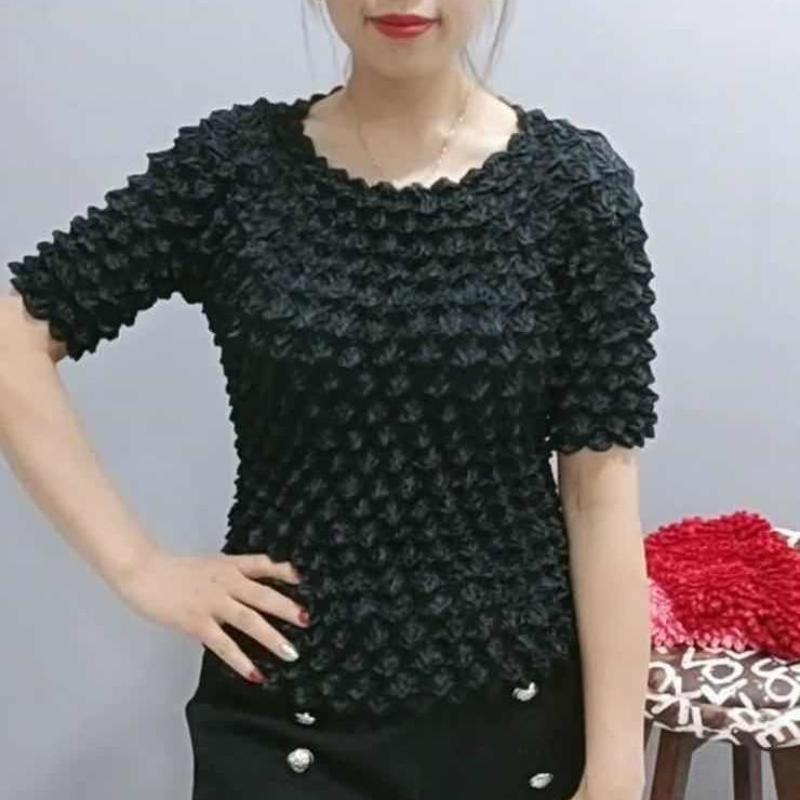 Pleated Pineapple Wrinkled Bubble Shirt, Versatile Magic Suit, Short Sleeve, Solid Color, Transparent, Loose, Three-dimensional, Women's Top