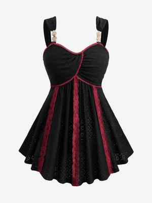 Rosegal Большой размер Жаккардовый Ажурный Топ-майка Двухцветный с Контрастной Отделкой Кружевом