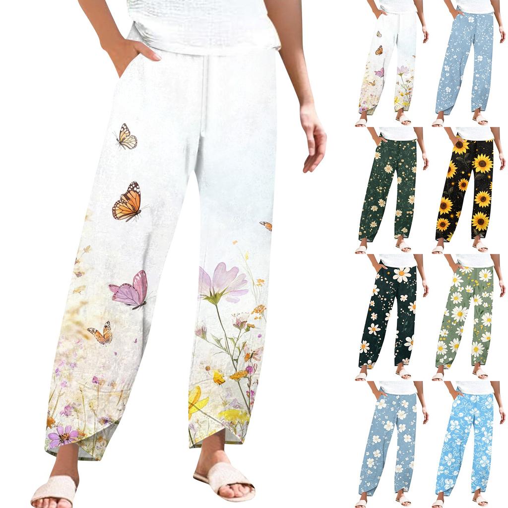 Брюки женские летние повседневные широкие брюки с эластичной резинкой на талии и карманами