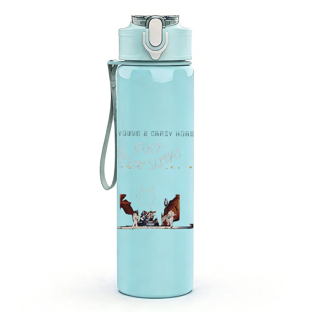 1PC Faint light blue faded band text sketch print 750ml colorful plastic sports water bottle leakproof pop up lid with straw for outdoor work home use