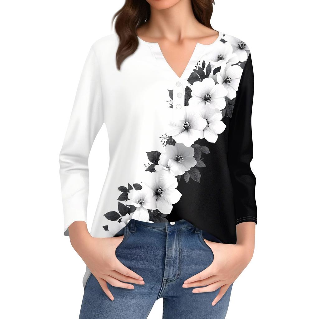 Жен. Футболка С принтом Пуговицы Рукав 3/4 Повседневные Выходные Мода Классический Классический V-образный вырез Обычный Верх