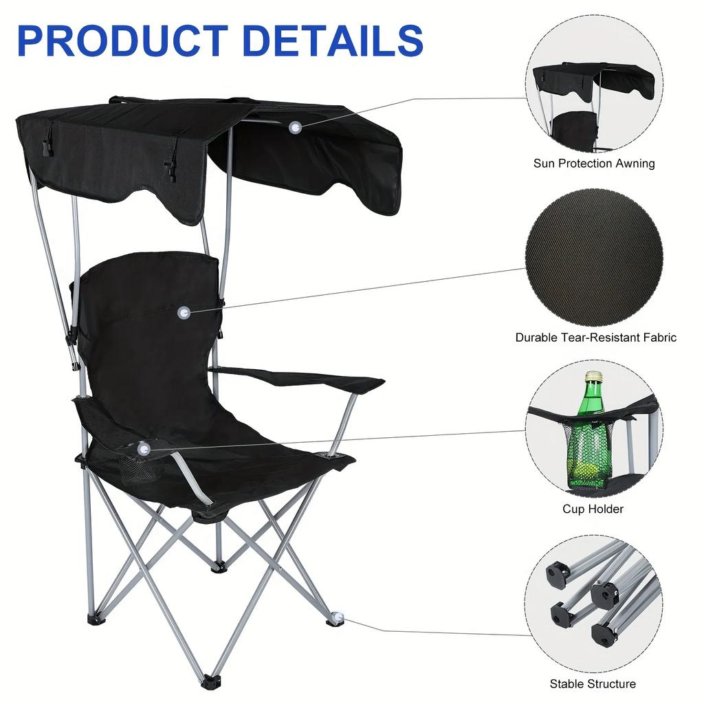 Canopy Lounge Chair with Sunshade for Camping, Hiking, Travel, and Other Outdoor Events, with Holder, 1-Pack