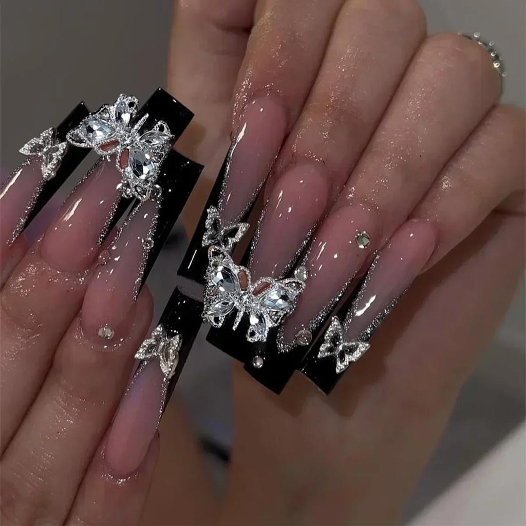 24Pcs Long Coffin Brown Press On Nails With Rhinestones And Glue Full Cover Fake Nail Tips