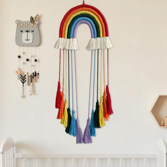 Hanging Ornament Boho Rainbow Macrame Wall Hanging with Tassels Hand Woven Clip Holder Creative Home Decoration Hanging Ornament