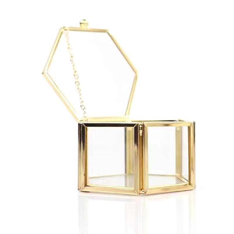 High-End Hexagonal Ring Box, Gold And Jewelry Accessory Box, Golden Glass Luxurious And Retro Jewelry Storage Box