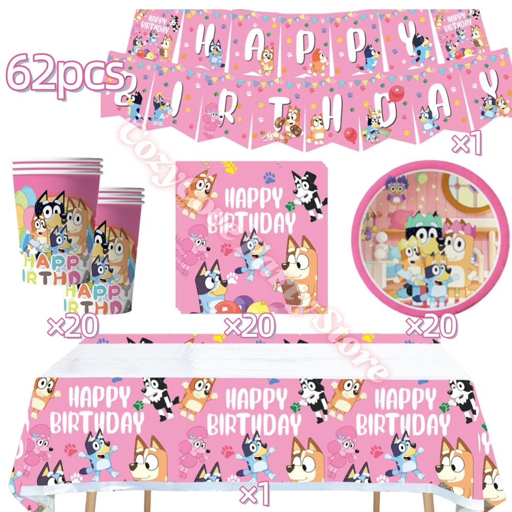 Pink Bluey Birthday Party Decoration Bingo Puppy Tableware Set Cup Plate Straws Balloons For Kids Favor Gifts Photo Booth Props