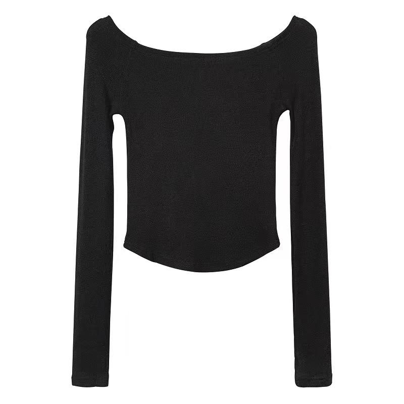 Sexy Slash Neck T Shirt Women Cotton Long Sleeves Cropped Tee Shirt Femme Slim T-shirt Female Black White Tops