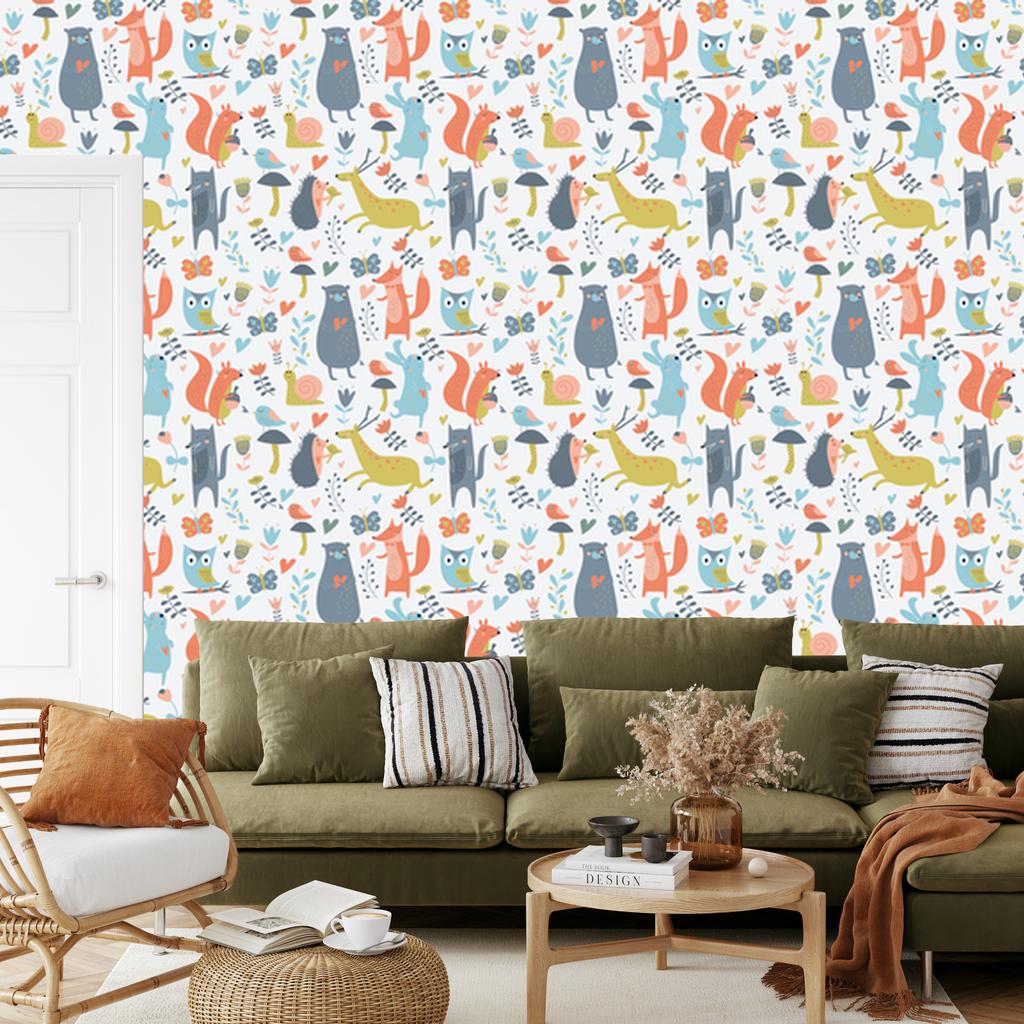 Forest wallpaper with animals in love for the living room and bedroom 50x1000