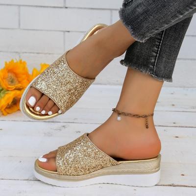 Мода 2024 Новые Женские Шлепанцы Летние Легкие Кожаные Туфли Женские Платформа Открытый Носок Хрустальные Шлепанцы Женские Золотые Серебряные Mujer