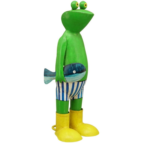 Frog fisherman figurine in wellington boots, metal garden decoration