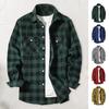 Fall Winter Men Shirt Coat Plaid Print Long Sleeves Chest Pocket Turn-down Collar Single-breasted Loose Contrast Color Jacket