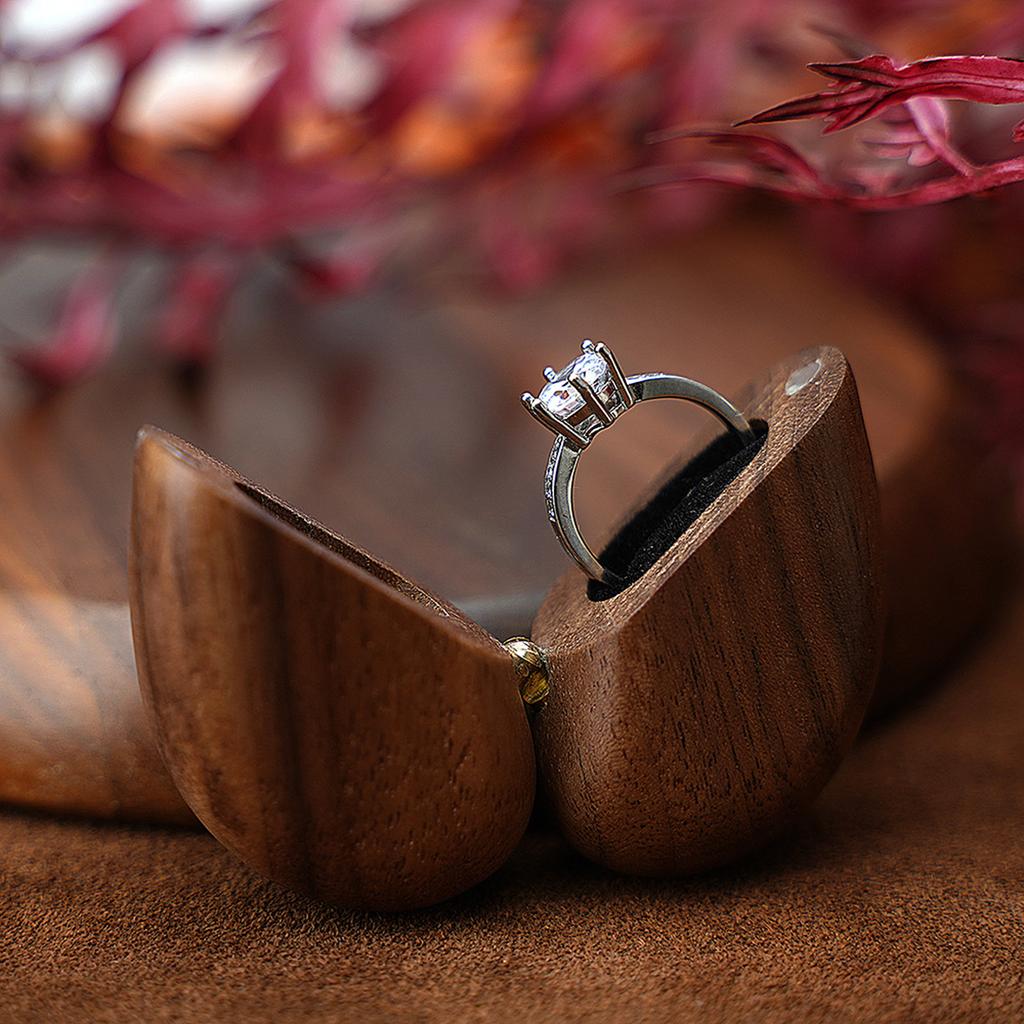 Black Walnut Ring Box In Heart Shape, Proposal And Engagement Jewelry Box
