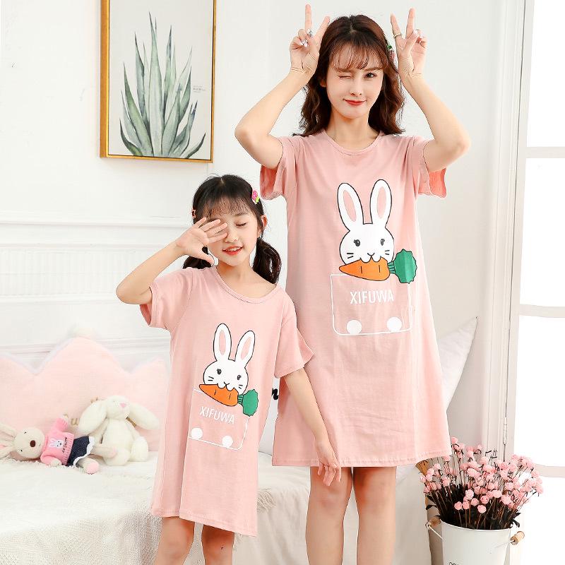 Girls' Summer Cartoon Short Sleeve Pajamas - Cute Parent-Child Cotton Nightdress