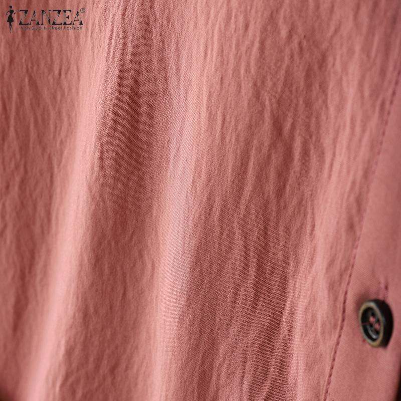 ZANZEA Женская повседневная блузка с круглым вырезом и коротким рукавом, с карманами в стиле пэчворк