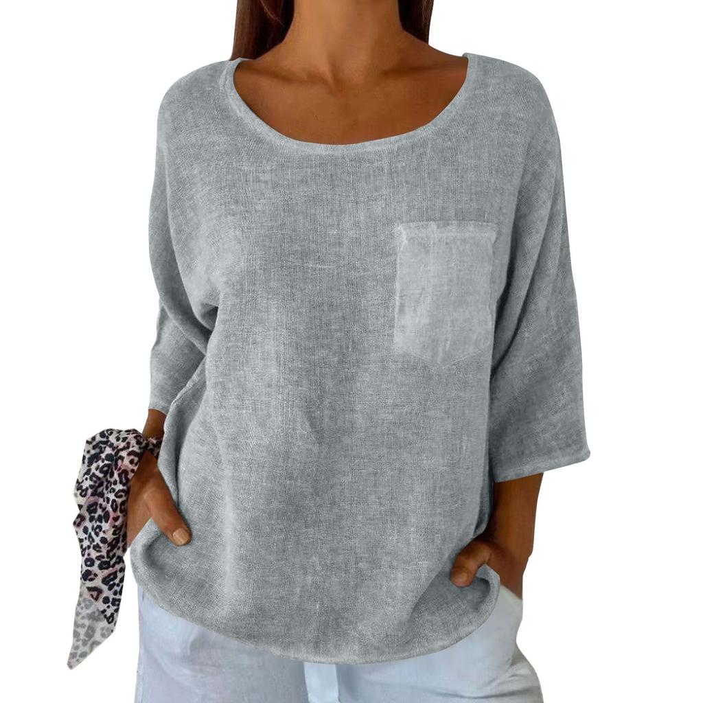 Женская мода однотонная свободная футболка с круглым вырезом и рукавом семь четвертей