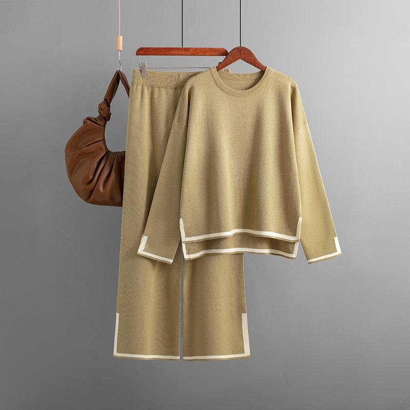Осенне-зимний женский вязаный свитер, комплект, темпераментный цветной коллизион, топ с длинными рукавами и высокой талией, широкие брюки, две части