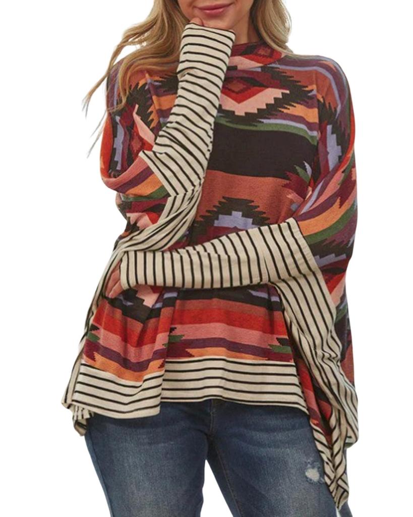 Azura Exchange Multicolor Western Aztec Striped Mock Neck Dolman Sleeve Top