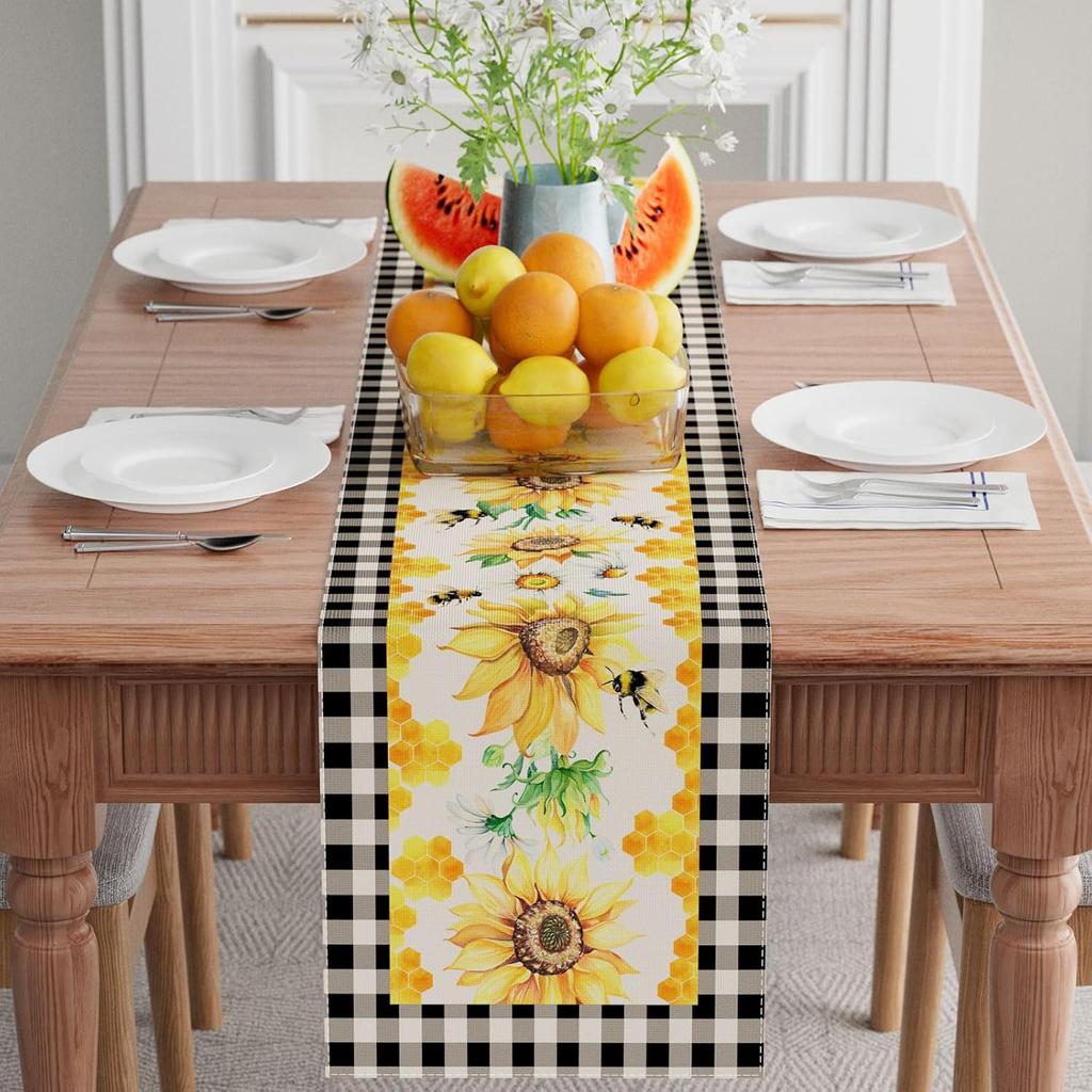 XCHI Black and White Buffalo Plaid Sunflower Daisy Bees Honey Summer Table Runner Decoration for Home Kitchen Holiday Party Farmhouse 13x72 Inch