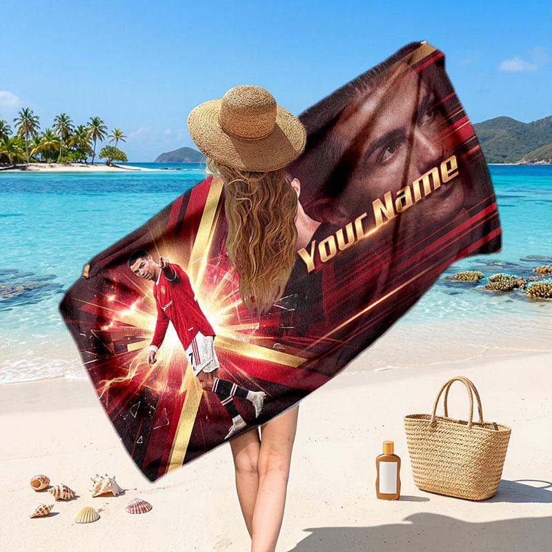 Cristiano Ronaldo Custom Beach Towel, Personalized Name Text Print, Football Logo Soft Quick‑Dry Towel Holiday Gift