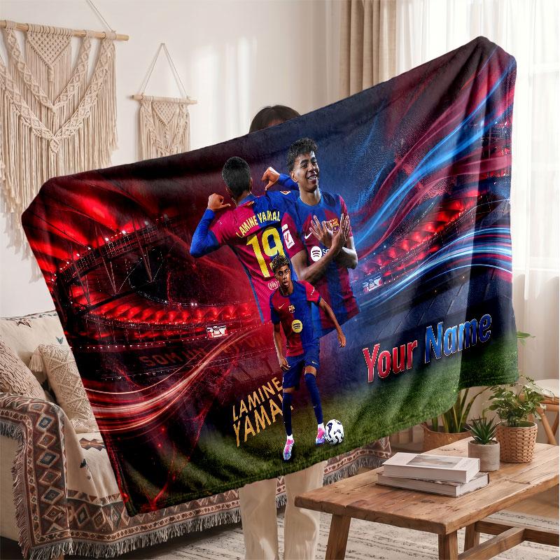 Lamine Yamal Personalized Fleece Blanket With Football Logo, Custom Name Text Soft Warm Home Throw Blanket