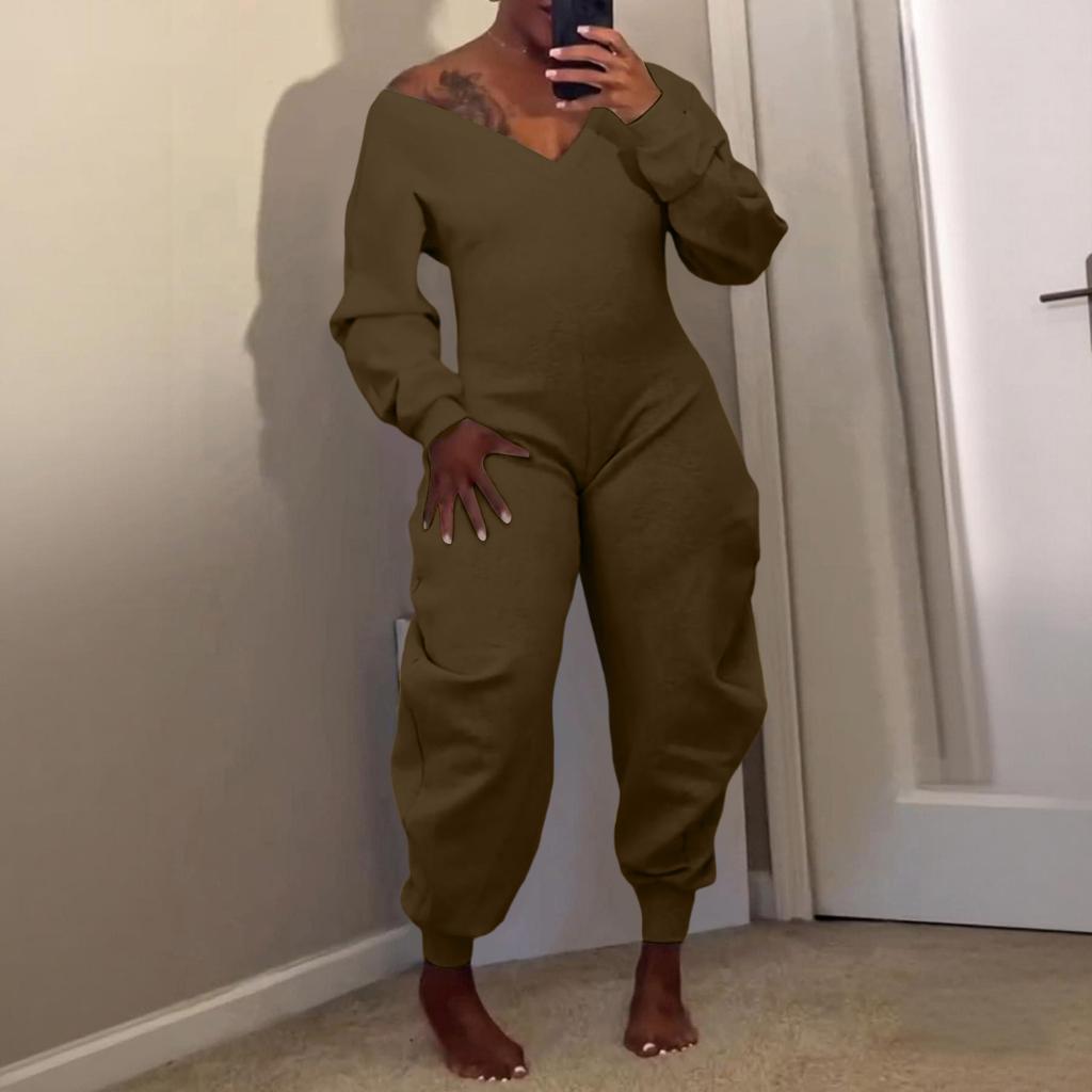 Women's Solid Color Jumpsuit Flared Pants Tight V-neck Sexy Long Sleeved Jumpsuit