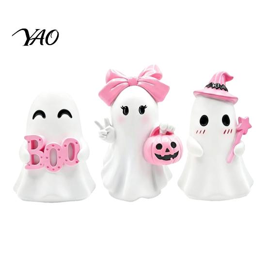 Cute Ceramic Ghost Statue Halloween Figurine, Resin Spooky Statue, Funny Creepy Tiered Tray Decor Items Tabletop Ornament for Home Shelf Party