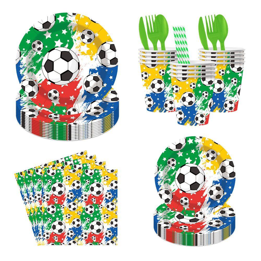 World Cup Soccer Party Tableware Set: Disposable Paper Plates, Cups, Straws, Tablecloths, Banners, and Decorations