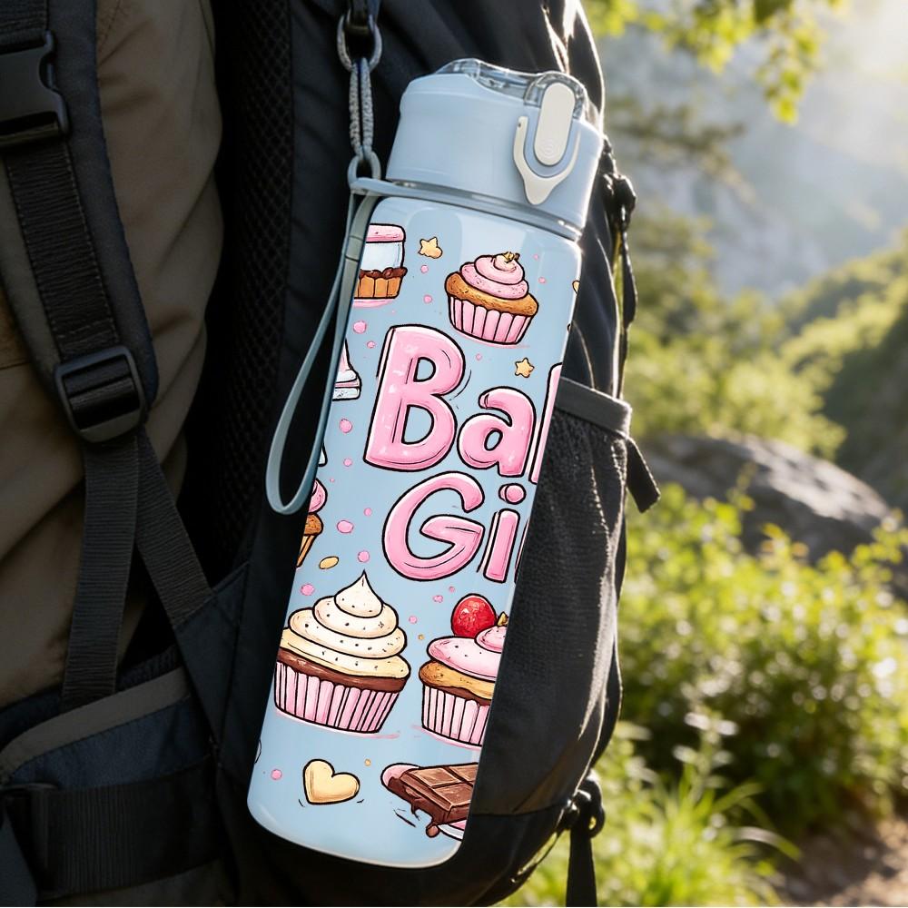 1PC Baker Girl Cupcake Print 750ml Color Plastic Sports Water Bottle Leakproof Flip Straw Lid Suitable for Sports Office Home Use