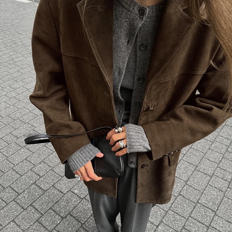Vintage Suede Jackets Female Casual Loose V Neck Single Breasted Coats Female 2024 Autumn Winter Fashion Solid Outwears Lady