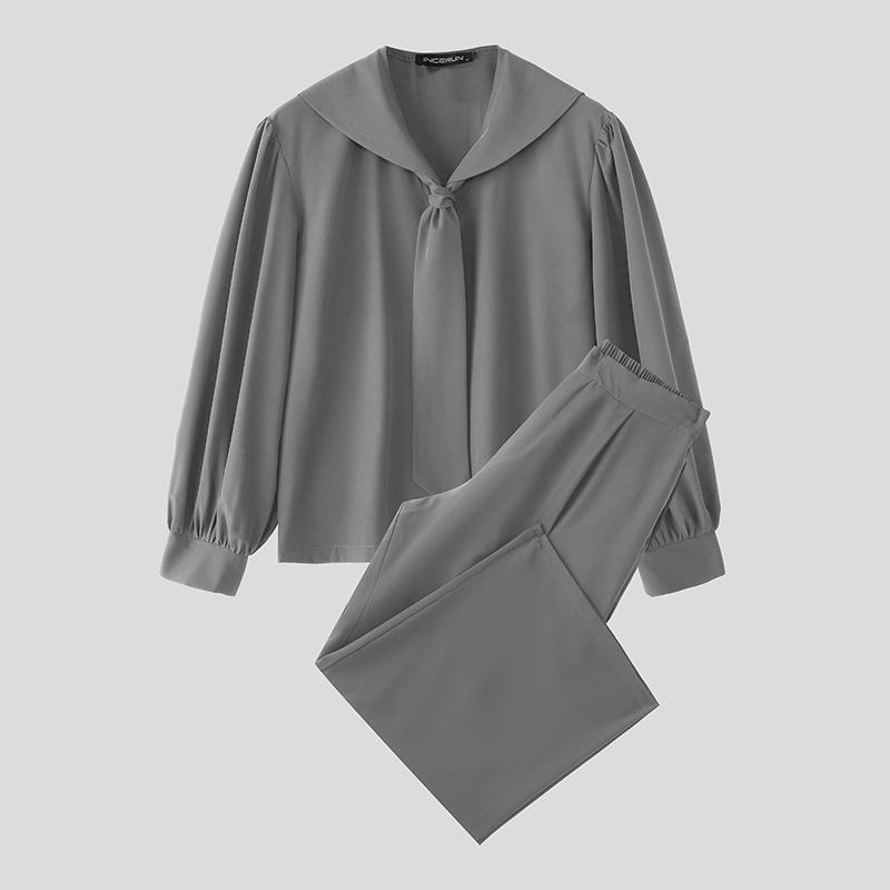 INCERUN Мужские костюмы оверсайз с морским воротником, рубашки с длинным рукавом, длинные брюки, повседневные двойки