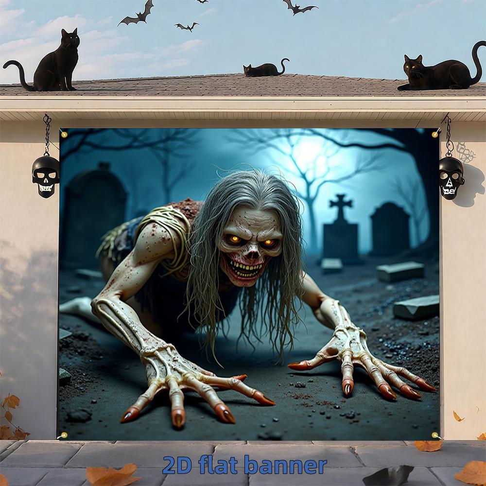 2D flat banner Halloween Happy Garage Door Banner zombies long hair sharp claws blood mouth