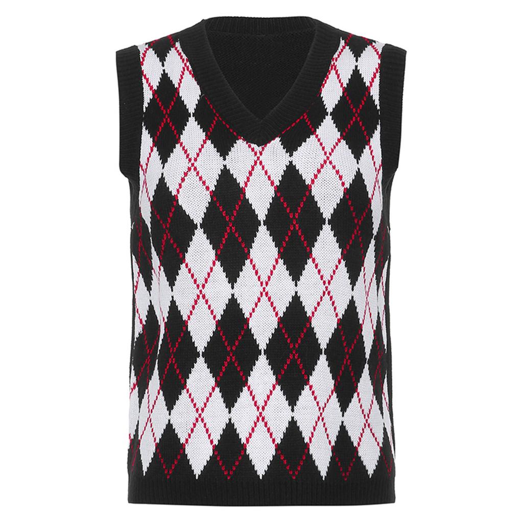 Women's Fashion Diamond Plaid Sleeveless V,neck Loose Student College Knitted Sweater Vest
