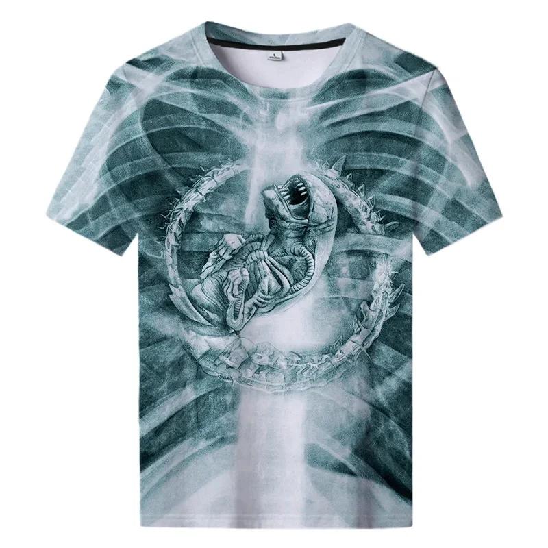 Summer New Alien Art 3D Print T-shirt For Men Clothing Daily Casual T-shirt Horror Alien Movie Graphic Harajuku Tops Tees Shirts