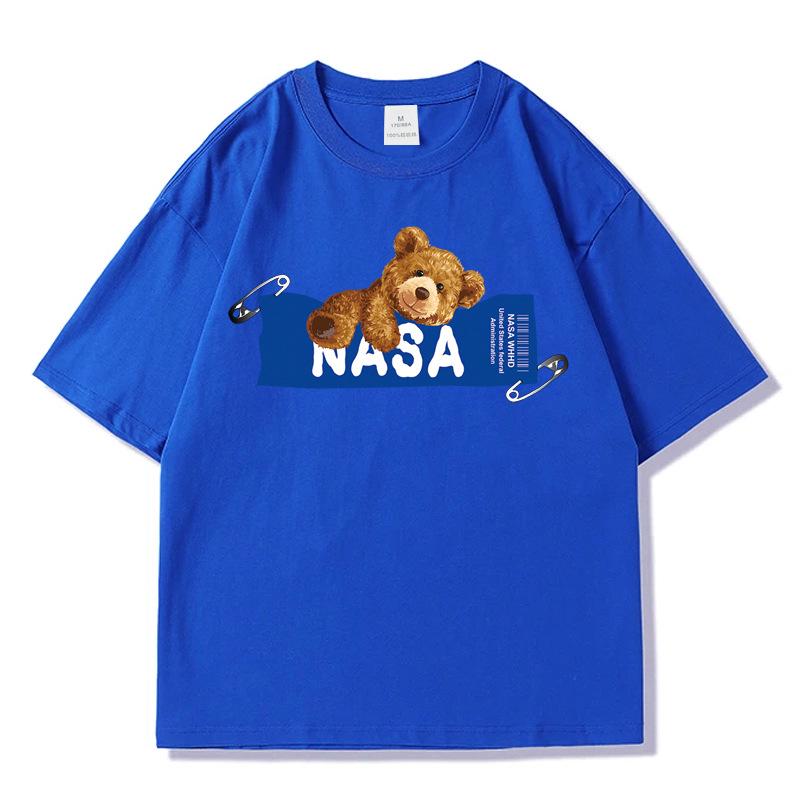 Men's NASA Co-branded Bear Print Crew Neck Cotton T-Shirt - Short Sleeve, Casual Streetwear, Plus Size Available