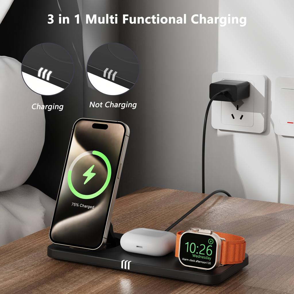 3 In 1 Magnetic Wireless Charger Stand For iPhone 15 14 13 Pro Max Watch 8 7 6 Airpods Induction USB Fast Charging Station